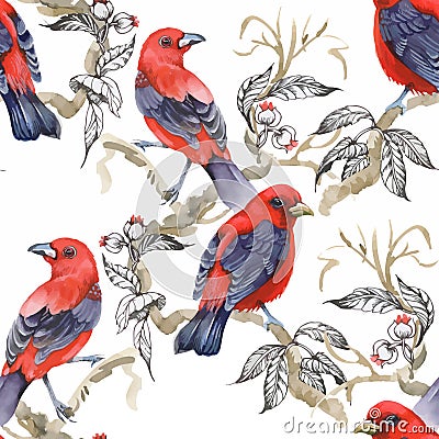 Watercolor Wild exotic birds on flowers seamless pattern on white background Vector Illustration