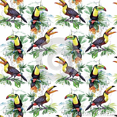 Watercolor Wild exotic birds on flowers seamless pattern on white background Vector Illustration