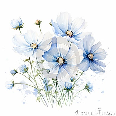 Watercolor Wild Flowers: Blue Cosmos Watercolor Illustration Cartoon Illustration