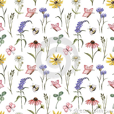 Watercolor wild flowers seamless pattern. Hand painted meadow flowers on white background. Floral wallpapers with butterflies Stock Photo