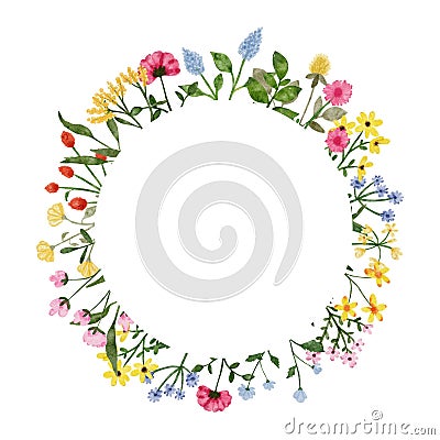 Watercolor wildflower wreath. Botanical spring summer flowers frame Cartoon Illustration