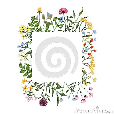 Watercolor wildflower wreath. Botanical spring summer flowers frame Cartoon Illustration