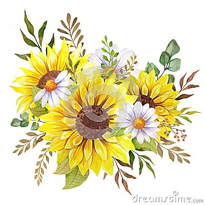 Watercolor wildflowers bouquet, hand painted sunflower bouquets, sunfower flower arrangement. Wedding invitation clipart elements. Stock Photo