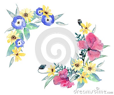 Watercolor wildflowers in the bouquet. Pansies, calendula, cornflowers, poppies and greenery. Corner composition. Stock Photo