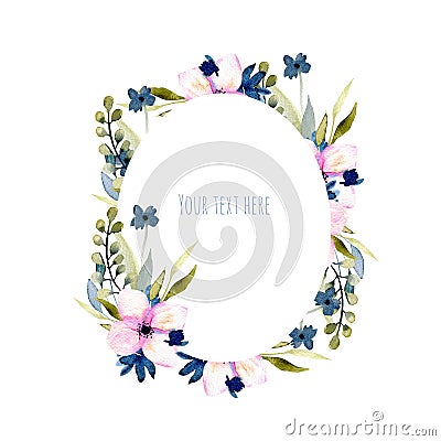 Watercolor wildflowers and branches oval frame in pink and blue shades Stock Photo