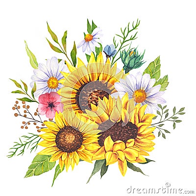 Watercolor wildlowers bouquet, hand painted sunflower bouquets, sunfower flower arrangement. Wedding invitation clipart elements. Stock Photo