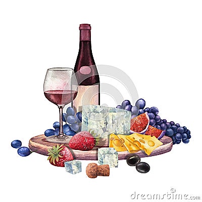 Watercolor wine glass and bottle decorated with delicious food Cartoon Illustration