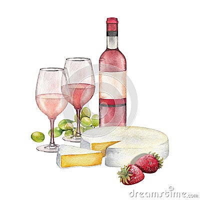 Watercolor wine glasses and bottle decorated win cheese, strawberries and grapes Stock Photo