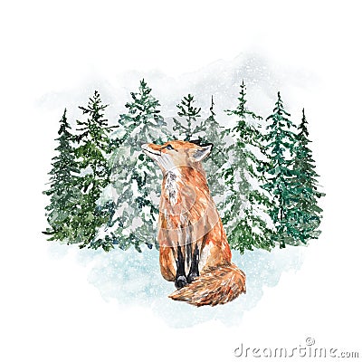 Watercolor winter background with fox. Hand painted wild animal and watercolor snow forest landscape Cartoon Illustration