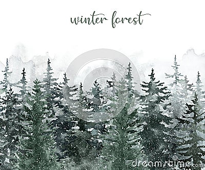Watercolor winter pine tree forest background. Hand painted conifer spruce trees with falling snow. Nature landscape scene Stock Photo