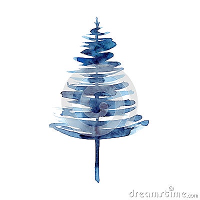 Watercolor winter blue christmas tree isolated on white background. Hand painting Illustration for print, texture Stock Photo