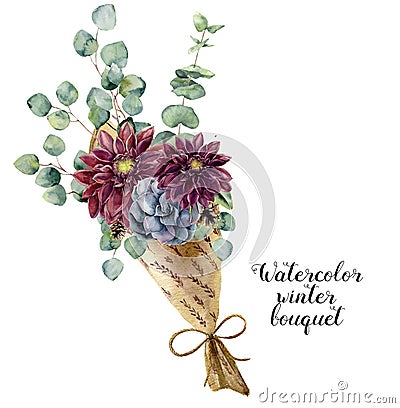 Watercolor winter bouquet. Hand painted baby, seeded and silver dollar eucalyptus elements, succulent and dahlia. Floral Cartoon Illustration