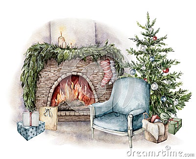 Watercolor winter card with fireplace, armchair, gift boxes and christmas tree. Hand painted holiday illustration with interior Cartoon Illustration