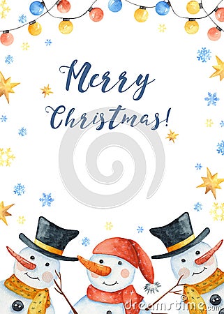 Watercolor winter card with a snowman, snowflakes, Christmas toys, snowdrifts. Stock Photo