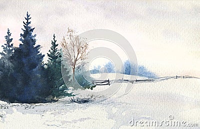 Watercolor winter countryside scene fir trees, old fence snow and distant trees Stock Photo