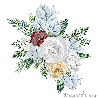 Watercolor winter floral bouquet. Soft white rose and peonies, blue flowers, greenery fir tree branch, foliage Stock Photo