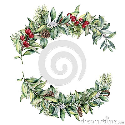 Watercolor winter floral bouquets. Hand painted snowberry and fir branches, red berries with leaves, pine cone isolated Cartoon Illustration