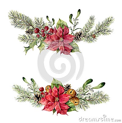 Watercolor winter floral elements on white background. Vintage style set with christmas tree branches, bells, holly Stock Photo