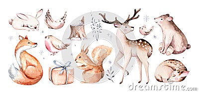 Watercolor winter forest animals deer with fawn, owl rabbits, bear birds on white background. Wild forest fox and Cartoon Illustration