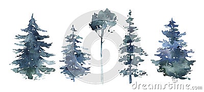 Watercolor winter forest. Christmas tree landscape with Pine Trees fir in the Mountains. Hand painted Isolated on white Stock Photo