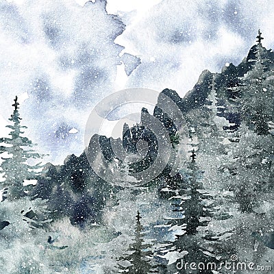 Watercolor winter forest landscape background with pine and spruce snowy trees. Misty mountain background for Christmas design Stock Photo