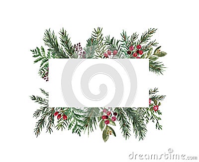 Festive and cheerful Christmas card border template. Winter holiday frame with pine branches, greenery, red berries, isolated Stock Photo