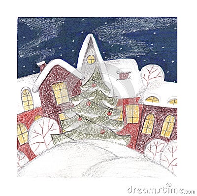 Watercolor winter landscape with christmas tree and houses. Christmas hand drow illustration. Cartoon Illustration