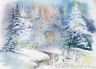 Watercolor winter landscape illustration vector Vector Illustration