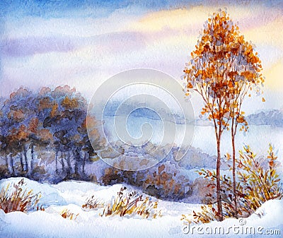 Watercolor winter landscape. Snow-covered valley and trees Stock Photo