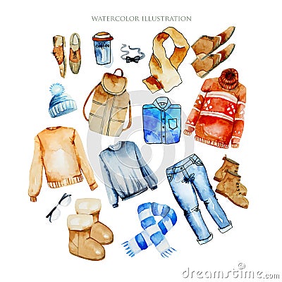 Watercolor winter men clothing illustration collection, clothes layout Cartoon Illustration