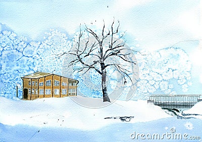 Yellow house and tree without leaves. Winter landscape. Stock Photo