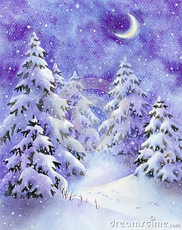 Watercolor winter nignt forest, hand painted background Cartoon Illustration