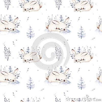 Watercolor winter pattern deer with fawn, owl rabbits, bear birds on white background. Wild forest fox and squirrel Cartoon Illustration