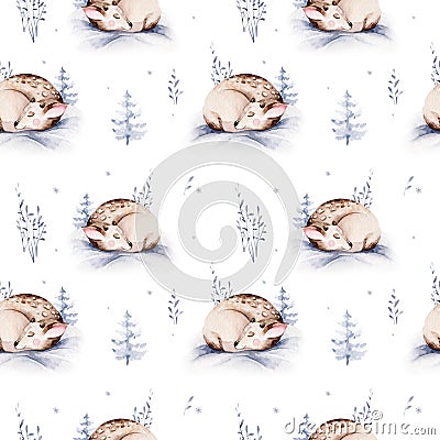 Watercolor winter pattern deer with fawn, owl rabbits, bear birds on white background. Wild forest fox and squirrel animals set. Cartoon Illustration