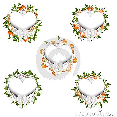 Watercolor winter poinsettia heart wreaths with silver christamas ornaments Stock Photo