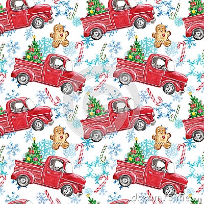 Watercolor winter seamless pattern with red Christmas truck, festive fir tree, candy cane, gingerbread men, snowflakes on white Stock Photo