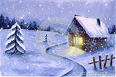 Watercolor winter snowy night landscape. cute night snowfall scene outdoor. country house with light in window and dark forest in Stock Photo