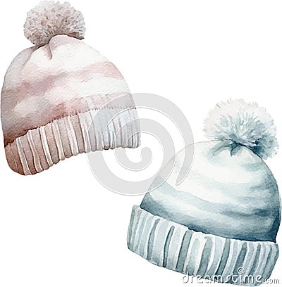 Watercolor Winter vector Christmas, New Year`s decor. Knitted pink, blue hats with ornament. Vector Illustration