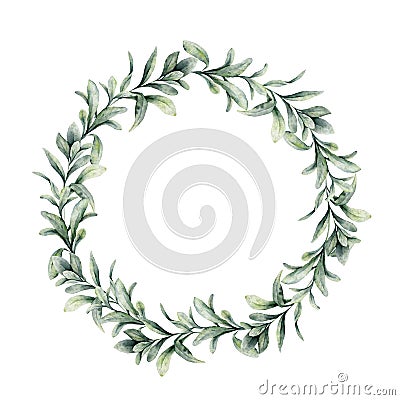 Watercolor winter wreath with lambs ears branch. Hand painted green woolly hedgenettle leaves composition isolated on Cartoon Illustration