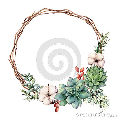 Watercolor winter wreath with succulents. Hand painted cacti, rosemary, rosemary leaves and branches, cotton flowers Cartoon Illustration