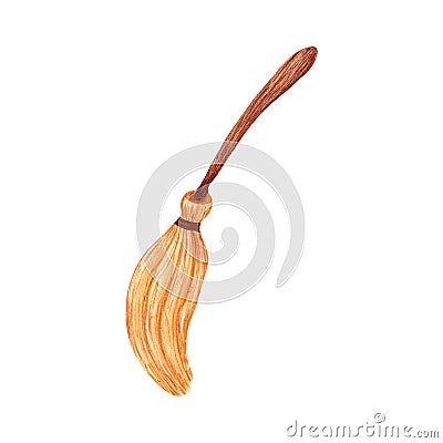 Watercolor witch broomstick isolated on white background. Halloween cute cartoon illustration Cartoon Illustration