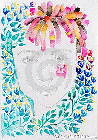 Watercolor woman portrait with blue flowers and dreads. Gemini zodiac sign. Stock Photo