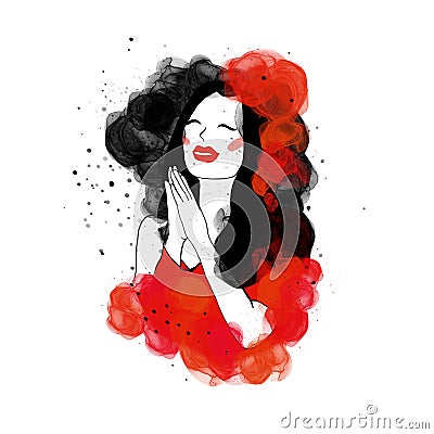 Watercolor woman prayer gesture emotion black red bright illustration Asian style Cartoon Illustration