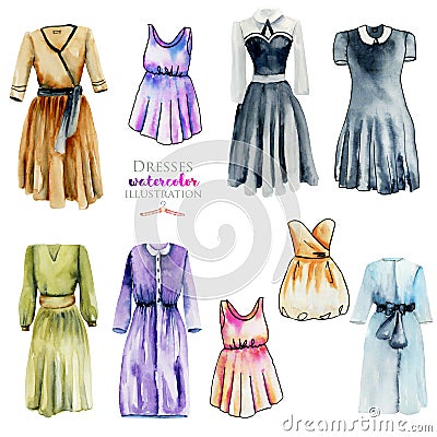 Watercolor women dresses illustration collection Cartoon Illustration