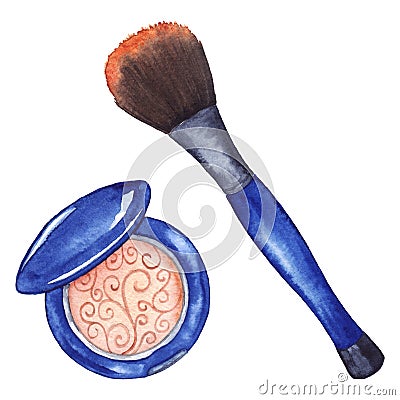 Watercolor women`s compact powder blush brush tool cosmetics make up isolated Stock Photo