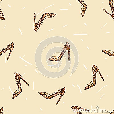 Watercolor women`s leopard shoes isolated on a beige background. Handwork draw of garments. Seamless pattern for design Stock Photo