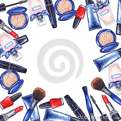 Watercolor women`s mascara, cream tube, red lipstick, nail polish manicure cosmetics make up frame border invitation Stock Photo