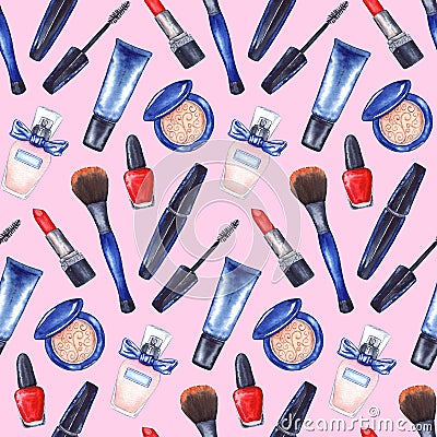 Watercolor women`s mascara, cream tube, red lipstick, nail polish manicure cosmetics make up set seamless pattern Stock Photo