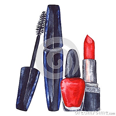 Watercolor women`s mascara and red lipstick and nail polish manicure cosmetics make up set isolated Stock Photo