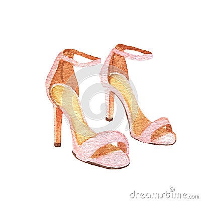 Watercolor Women shoes. Female wedding pink sandals isolated on white Stock Photo